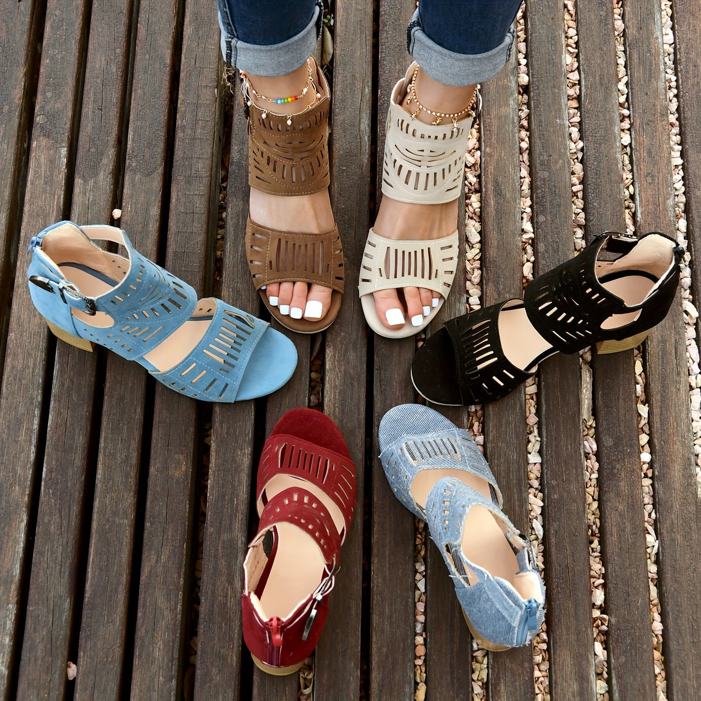 Women's Hollow Out High Heels, Fashion Peep Toe Buckle Strap Block Heels, Back Zipper Design Sandals