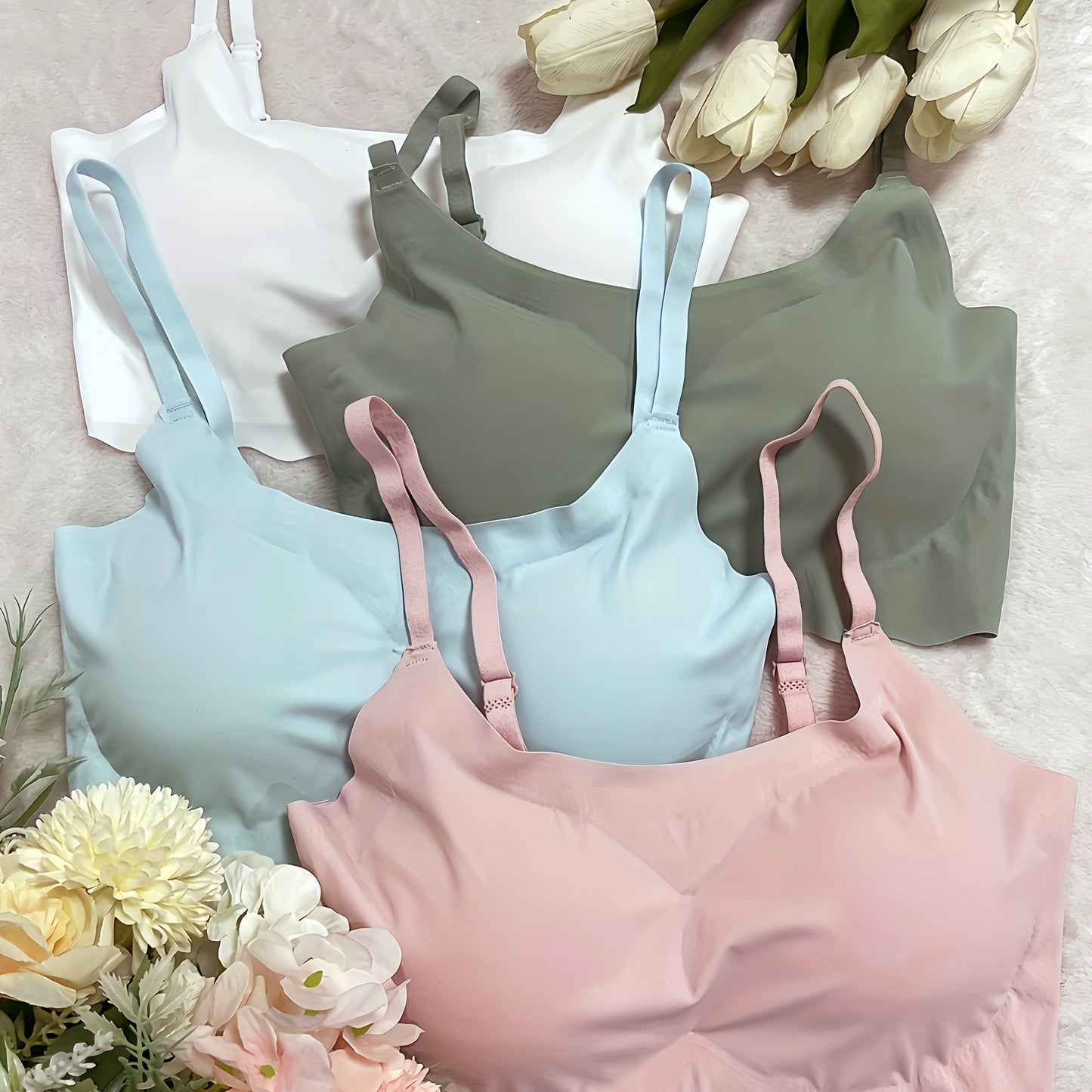 4pcs Seamless Solid Comfortable Bralettes, Adjustable Straps Wireless Intimates Bra for Women's Lingerie & Underwear