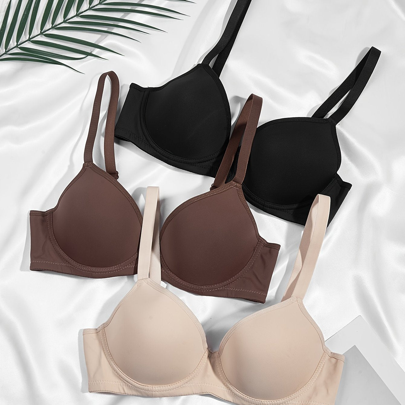 3pcs Simple Solid T-Shirt Bras, Comfy & Breathable Push Up Bra, Women's Lingerie & Underwear
