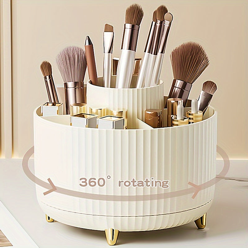 Durable 360° Rotating Makeup Organizer - 1pc Plastic Multi-Functional Holder - 5 Compartments for Brushes, Lipsticks, Skin Care Products, and Stationery with Luxury Stripe Design