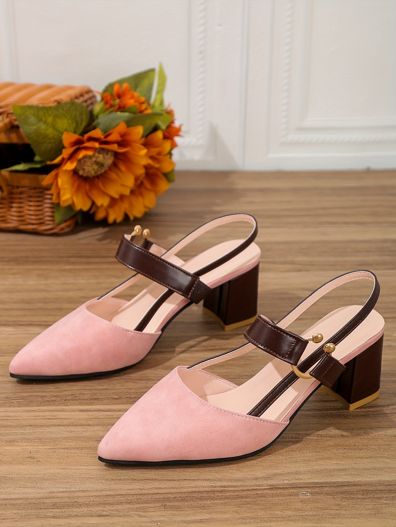 Women's Pointed Toe Block High Heel Sandals, Fashion Solid Color Slingback Shoes, Versatile Mid Heels