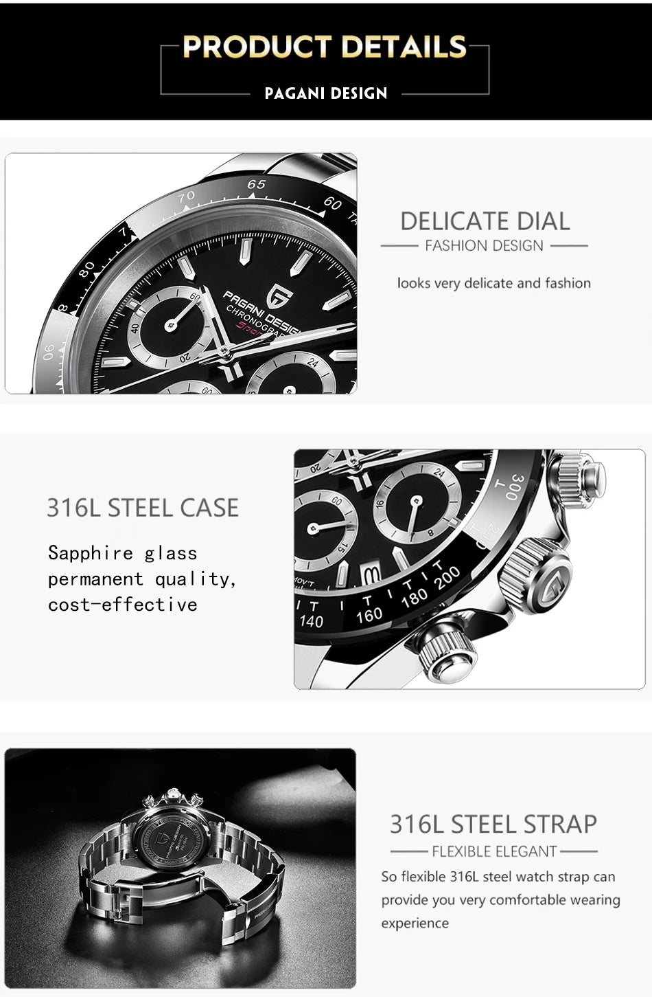 PAGANI DESIGN 2024 New PD-1644 Meteorite Dial Fashion Men Quartz Wristwatches 100M Sapphire Glass Chronograph relogio masculino