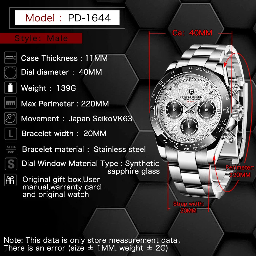 PAGANI DESIGN 2024 New PD-1644 Meteorite Dial Fashion Men Quartz Wristwatches 100M Sapphire Glass Chronograph relogio masculino