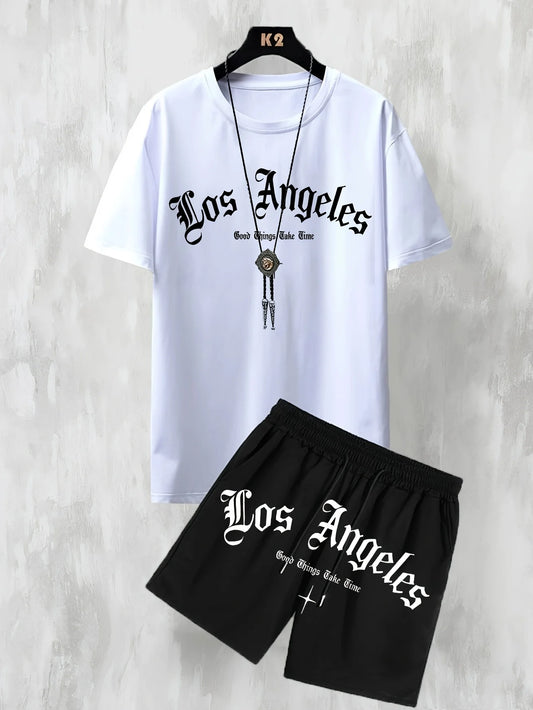 Boys Casual Los Angeles Letter Print Comfortable Short Sleeve T-shirt and Shorts Set, Cool Comfortable Summer Clothing Set