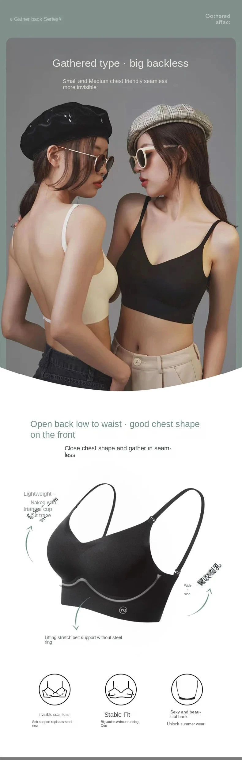 Clearance_UBAU Summer Sexy Bra Women's Slim U-shaped Seamless Backless Underwear Triangle Cup Gathering Bra Women's Sexy Lingeri