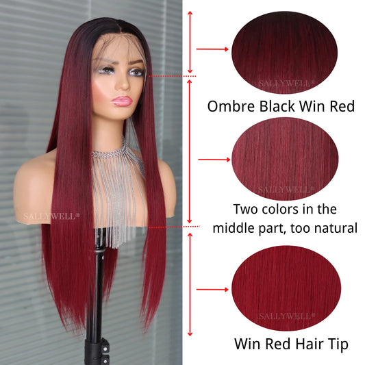 13x4 Burgundy Straight Lace Front Wig 3T Color Wig With Natural Hairline Heat Resistant Fiber Hair Synthetic Wig Pre Plucked