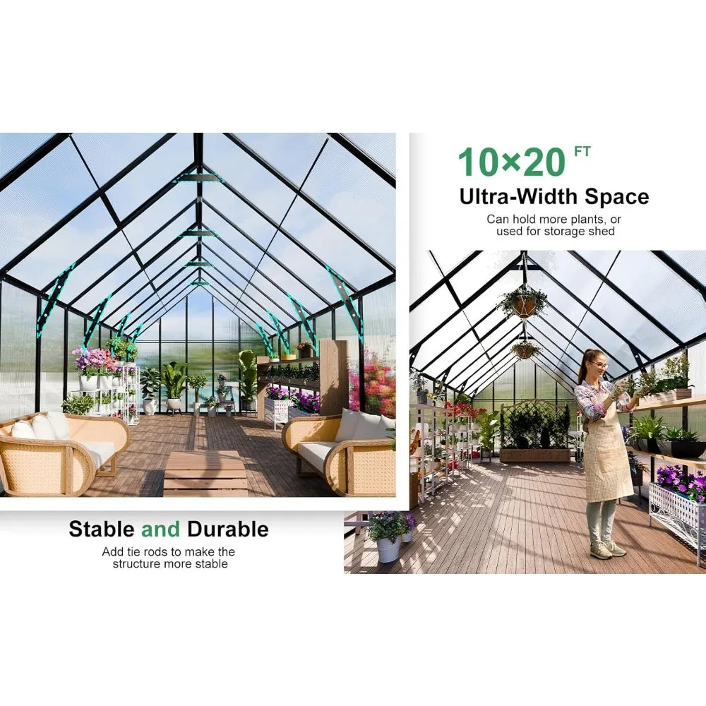 20x10x10 FT Greenhouse, Thicker Aluminum Heavy Duty Polycarbonate Greenhouse Kit W/4 Vent Window, Walk-in Green House