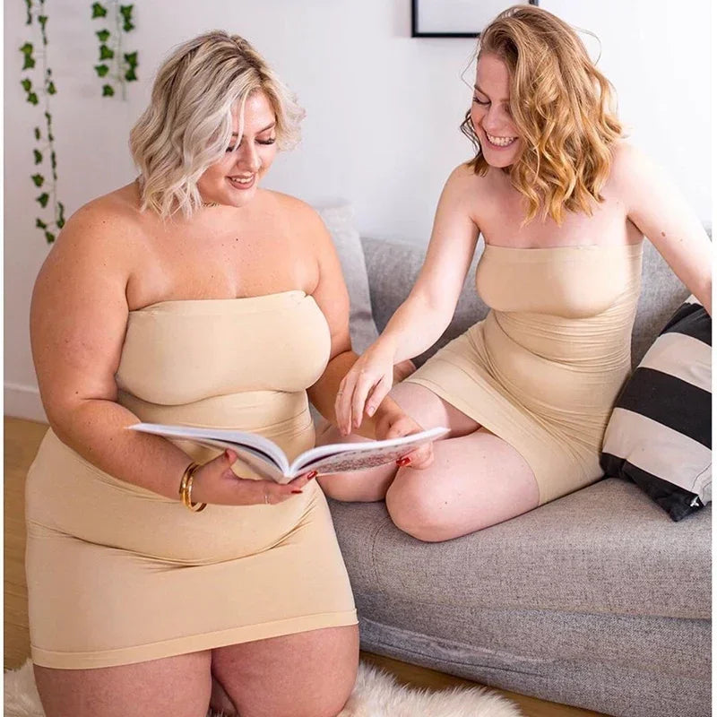 Sexy Full Slip Shapewear Women Dress Off Shoulder Bodycon Strapless Underdress Smooth Compression Body Shaper Slimming Waist