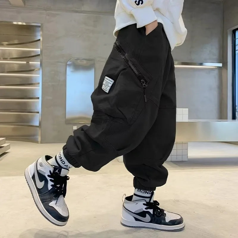 Boys Spring Autumn Children's Clothing Cargo Pants Children's Casual Large Size Sweatpants Boys Fashion Fake Zippers Cargo Pants
