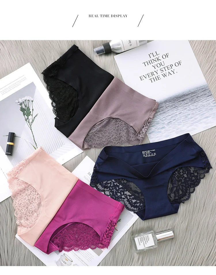 4Pcs Women's Panties Exquisite Lace Underwear Silk Satin Sexy Seamless Girls Lingerie Female Briefs Plus Size Comfort Underpants