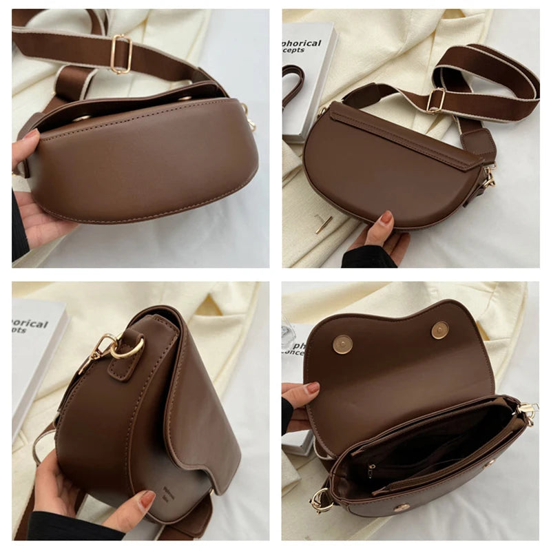 Vintage PU Leather Crossbody Bag for Women Small Saddle Shoulder Bag with Wide Strap Flap Design