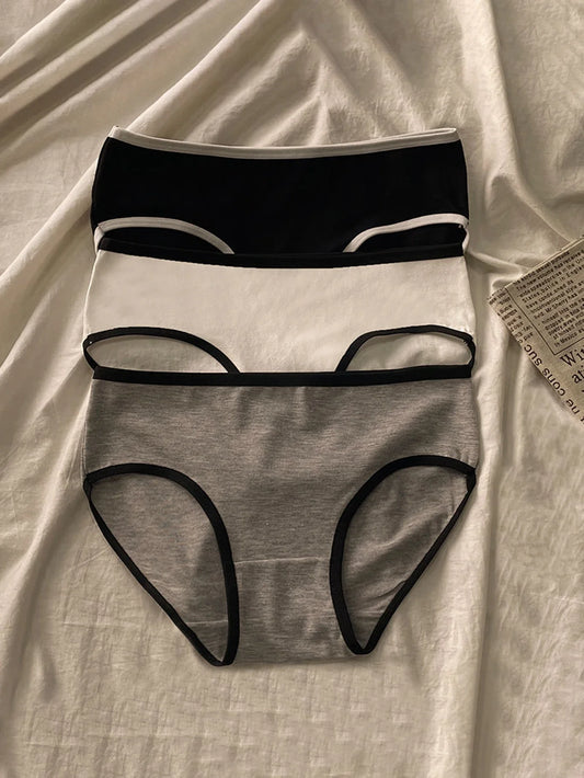 3pcs Sports Cool Style Instagram Minimalist Girls' Underwear Mid Waist Japanese Black and White Pure Cotton Women's Triangle Top