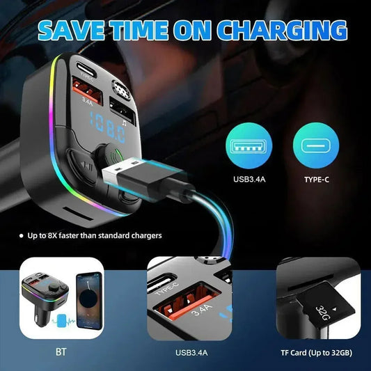 Car FM Transmitter PD Type-C Dual USB Ambient Player MP3 Bluetooth 5.0 Fast Charger Type-C Wireless Light Handsfree PD