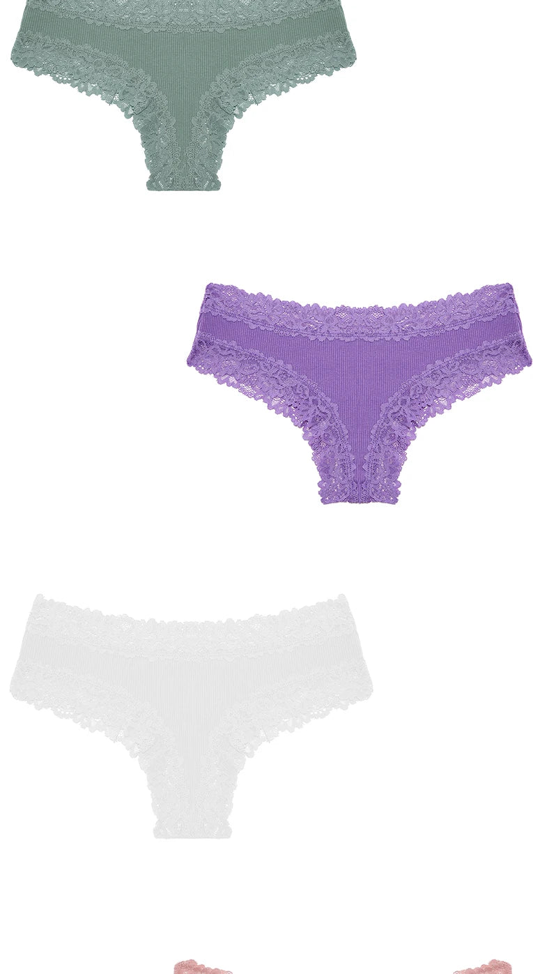 3/5PCS Lace Seamless Cotton Panties Ribbed Brazilian Pants Low Waist Women Panties Breathable Girls Underwear Plus Size Lingerie