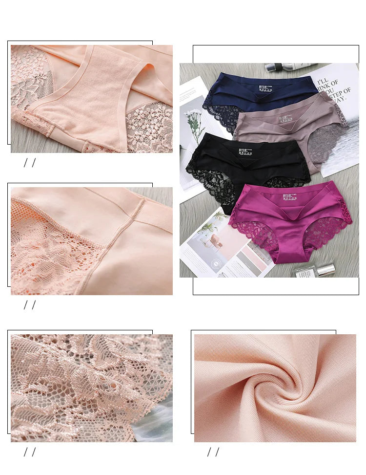 4Pcs Women's Panties Exquisite Lace Underwear Silk Satin Sexy Seamless Girls Lingerie Female Briefs Plus Size Comfort Underpants