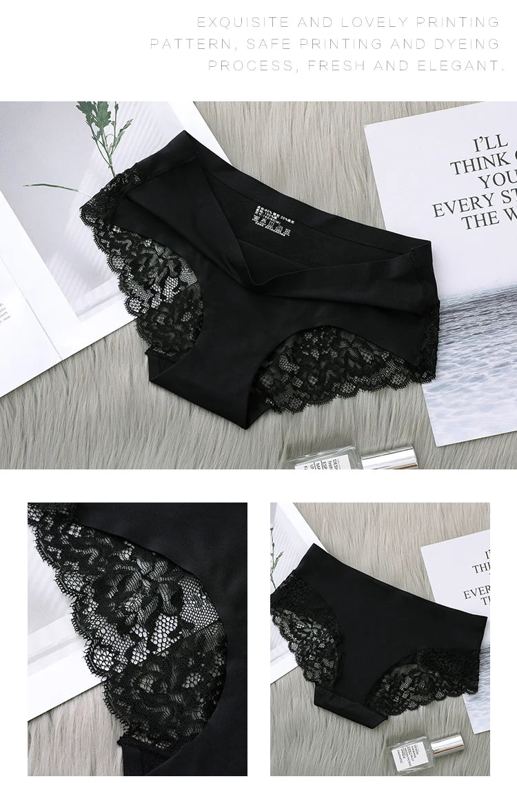 4Pcs Women's Panties Exquisite Lace Underwear Silk Satin Sexy Seamless Girls Lingerie Female Briefs Plus Size Comfort Underpants