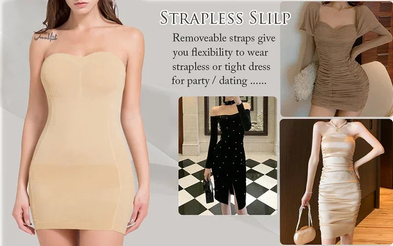 Sexy Full Slip Shapewear Women Dress Off Shoulder Bodycon Strapless Underdress Smooth Compression Body Shaper Slimming Waist