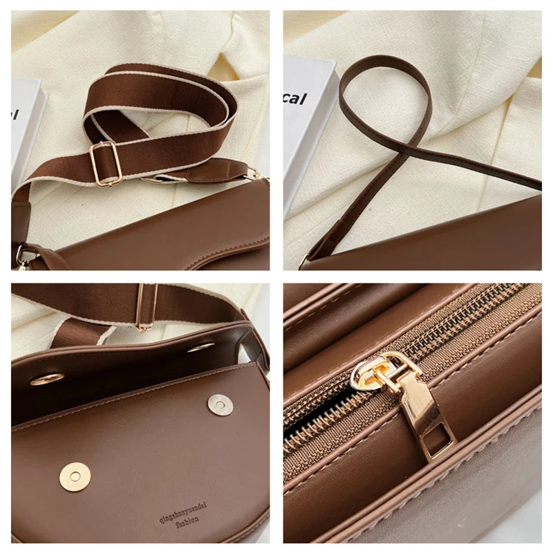 Vintage PU Leather Crossbody Bag for Women Small Saddle Shoulder Bag with Wide Strap Flap Design