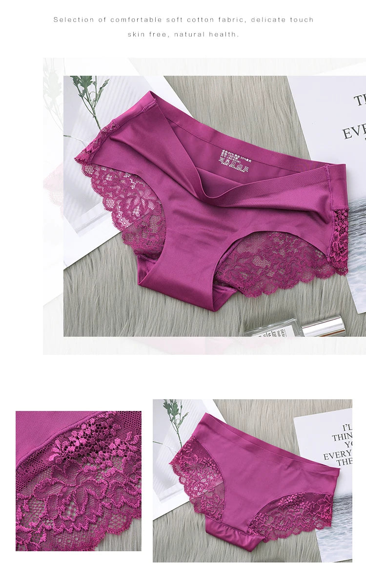 4Pcs Women's Panties Exquisite Lace Underwear Silk Satin Sexy Seamless Girls Lingerie Female Briefs Plus Size Comfort Underpants