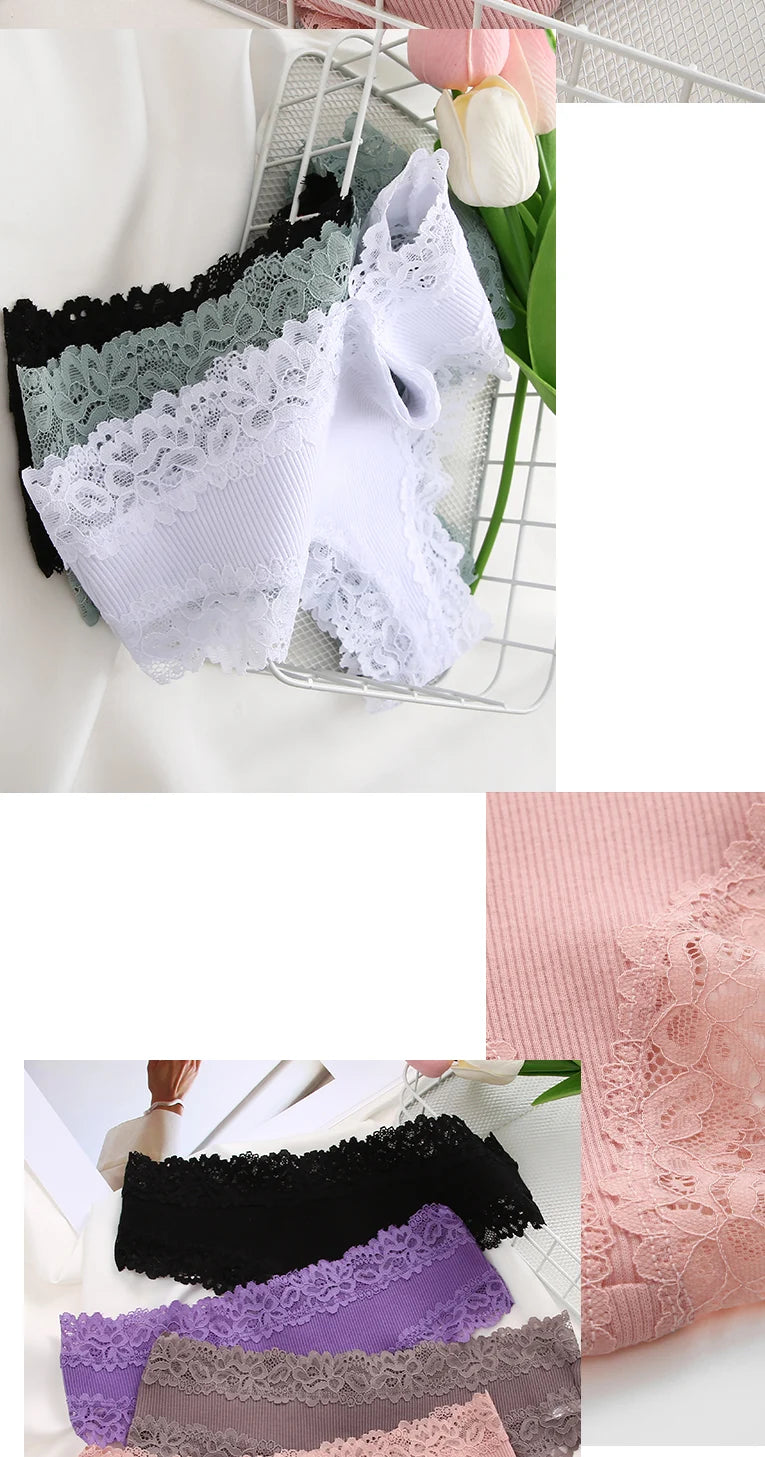 3/5PCS Lace Seamless Cotton Panties Ribbed Brazilian Pants Low Waist Women Panties Breathable Girls Underwear Plus Size Lingerie