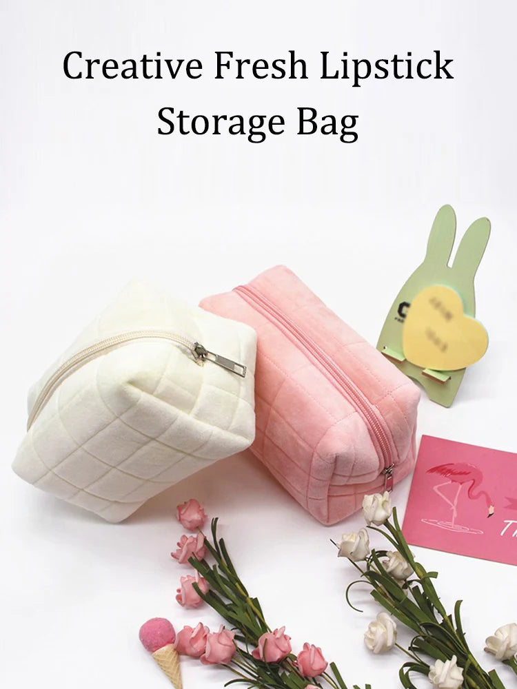 Cute Plush Makeup Bag for Women Portable Travel Small Cosmetic Bags Solid Color Zipper Toiletry Bag Washing Pouch Storage Bags