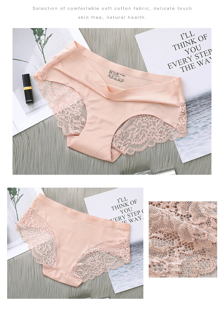 4Pcs Women's Panties Exquisite Lace Underwear Silk Satin Sexy Seamless Girls Lingerie Female Briefs Plus Size Comfort Underpants