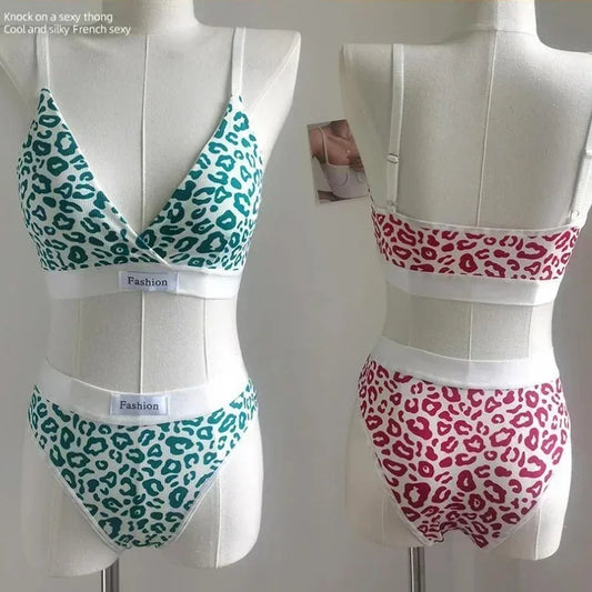 Women Seamless Bra Set Low Waist Panties Leopard Bralette Sexy Lingerie Set Vneck Sport Brassiere Female Cotton Underwear Set