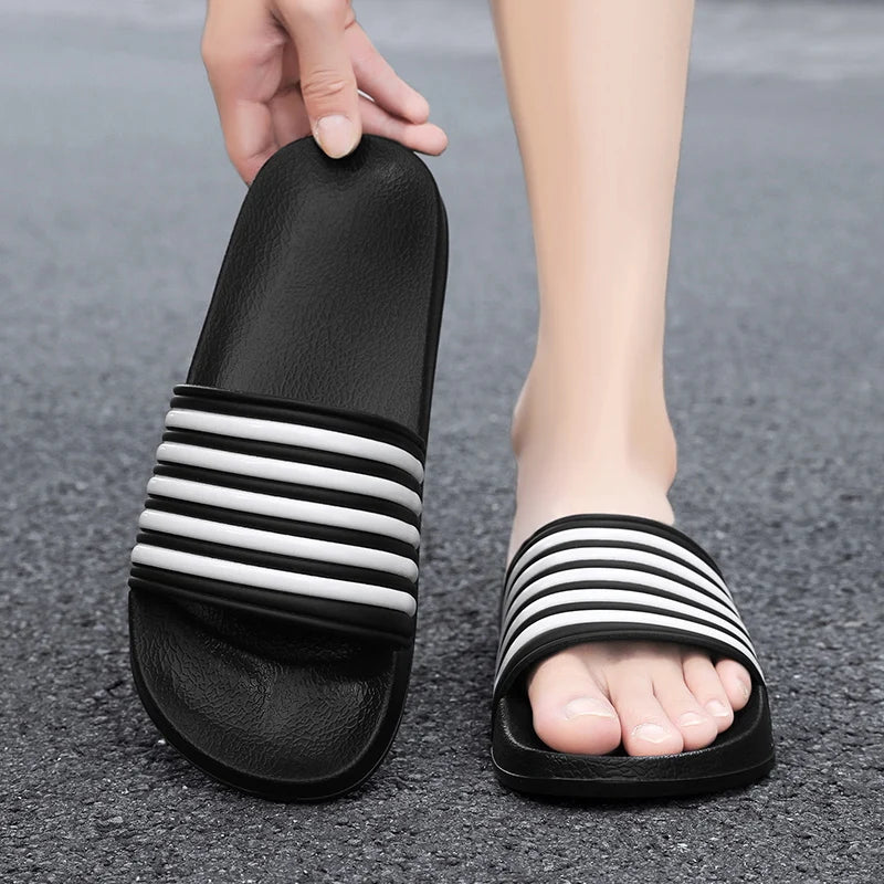 Men Shoes Women Slippers Stripes Pool Slides Summer Men Slippers Couple Beach Plus Size Sandals 46 48 Non-slip Shoes Home Slides