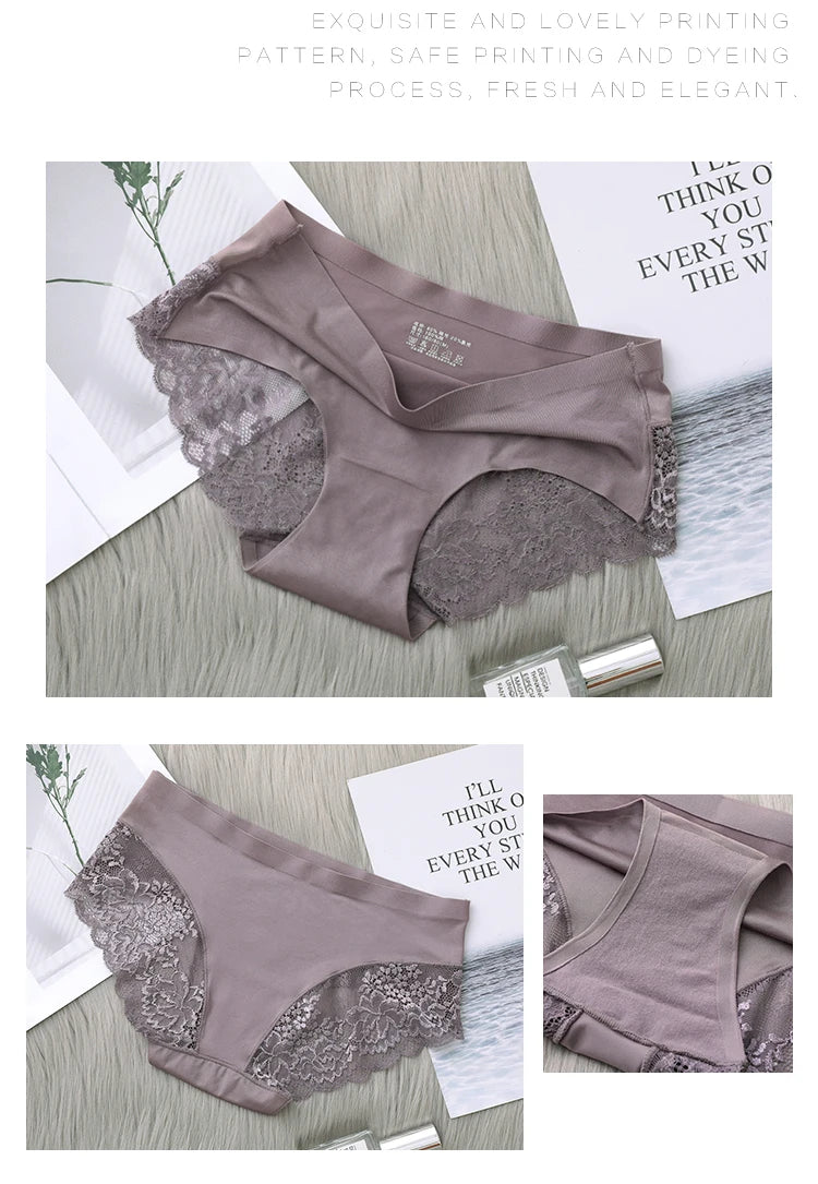 4Pcs Women's Panties Exquisite Lace Underwear Silk Satin Sexy Seamless Girls Lingerie Female Briefs Plus Size Comfort Underpants