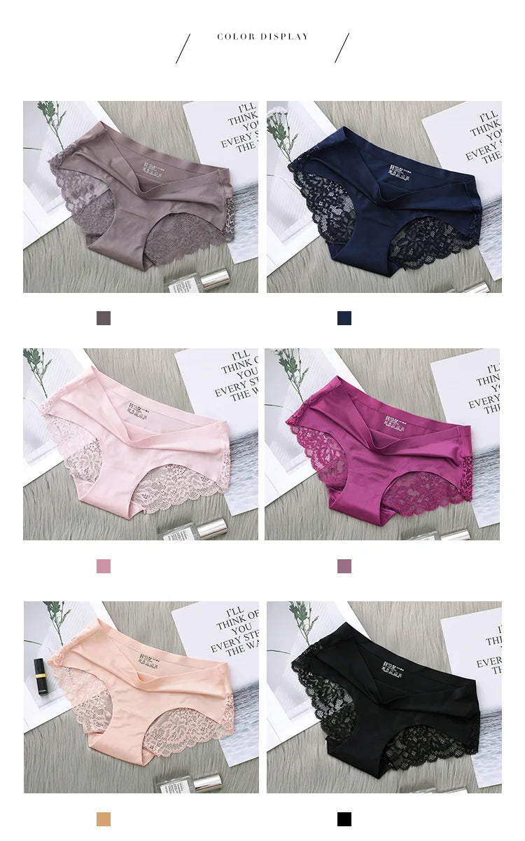 4Pcs Women's Panties Exquisite Lace Underwear Silk Satin Sexy Seamless Girls Lingerie Female Briefs Plus Size Comfort Underpants