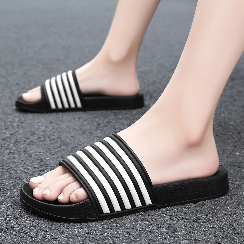 Men Shoes Women Slippers Stripes Pool Slides Summer Men Slippers Couple Beach Plus Size Sandals 46 48 Non-slip Shoes Home Slides