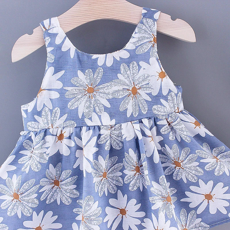 Summer New Girl Fashion Dress Small Chrysanthemum Hanging Strap Big Bow Princess Dress Party Dress 0-3 Years Old