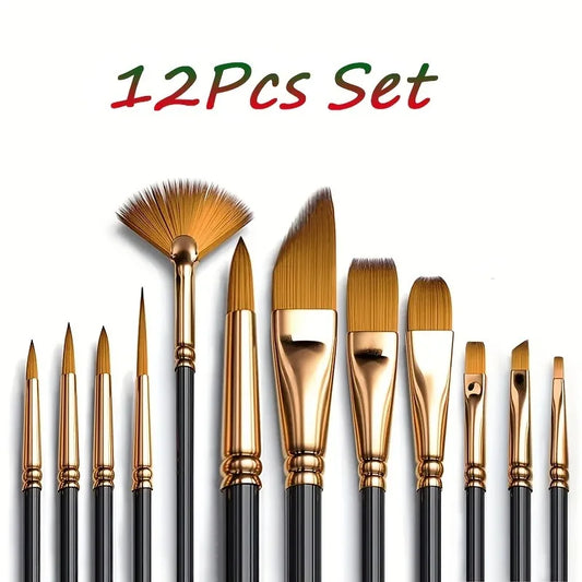 12pcs Nylon Bristle Brush Set Flat Brushes Watercolor Oil Paint For Artists Amateur And Acrylic Paintings Fabric Brushes