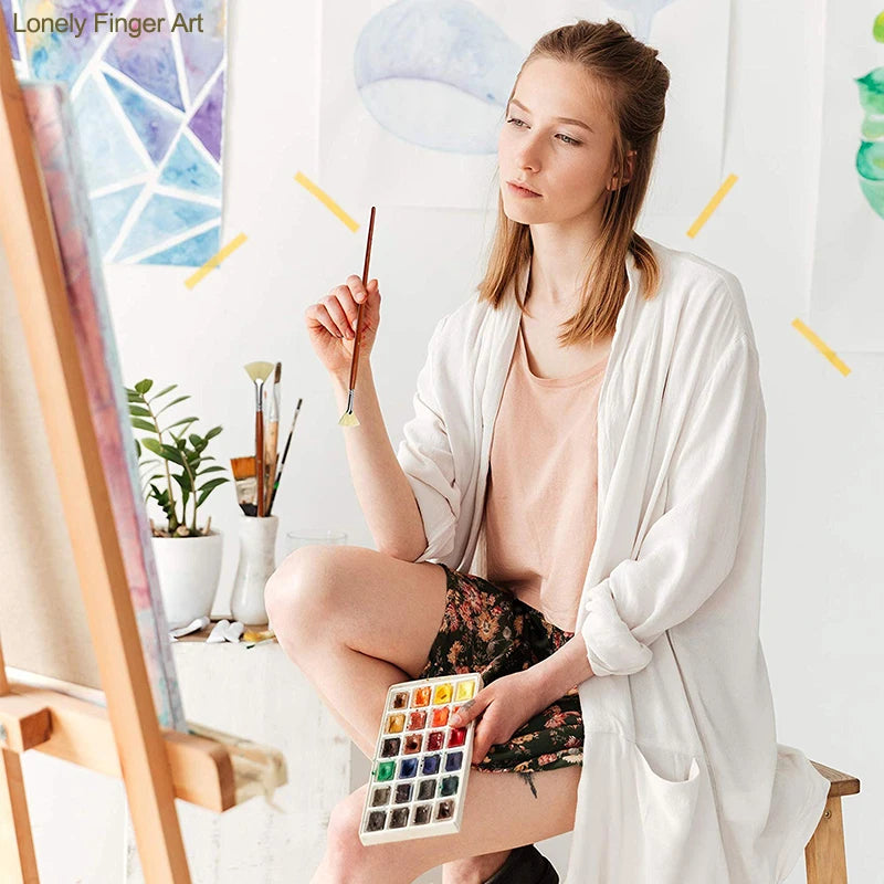 Artist Fan Paint Brush Set of 7, White Hog Bristle Natural Hair Anti-Shedding Brush Tips, Long Handle for Acrylic Oil Painting