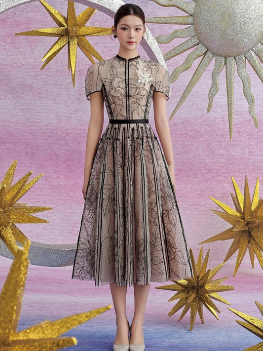 DEAT Elegant Dress Floral Decoration O-neck Embroidery Lace Gauze Women's Holiday Party Dresses 2024 Summer New Fashion 35Z290