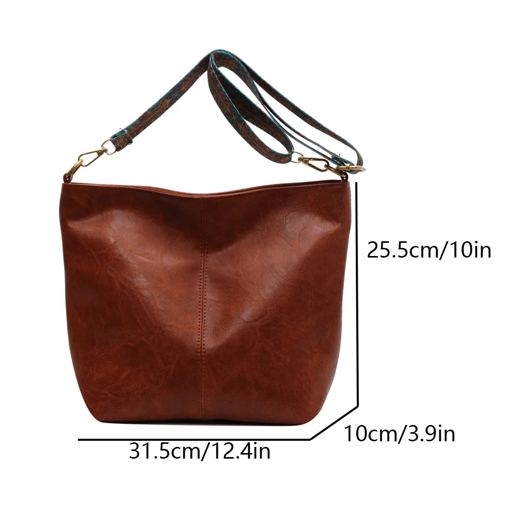 Women's retro solid color PU large capacity shoulder bag, fashionable crossbody bag, suitable for girls' daily commuting -zmt
