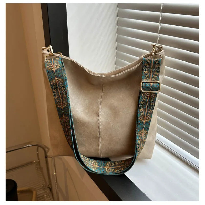 Women's retro solid color PU large capacity shoulder bag, fashionable crossbody bag, suitable for girls' daily commuting -zmt