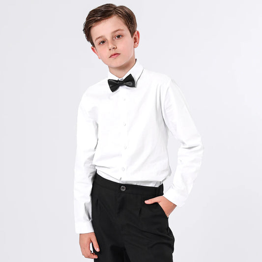 Boys Dress Shirt Kids School Uniform Long Sleeve with Bowtie Formal Gentelmal Gift Perform Ceremony Clothes White 7 to 16 years