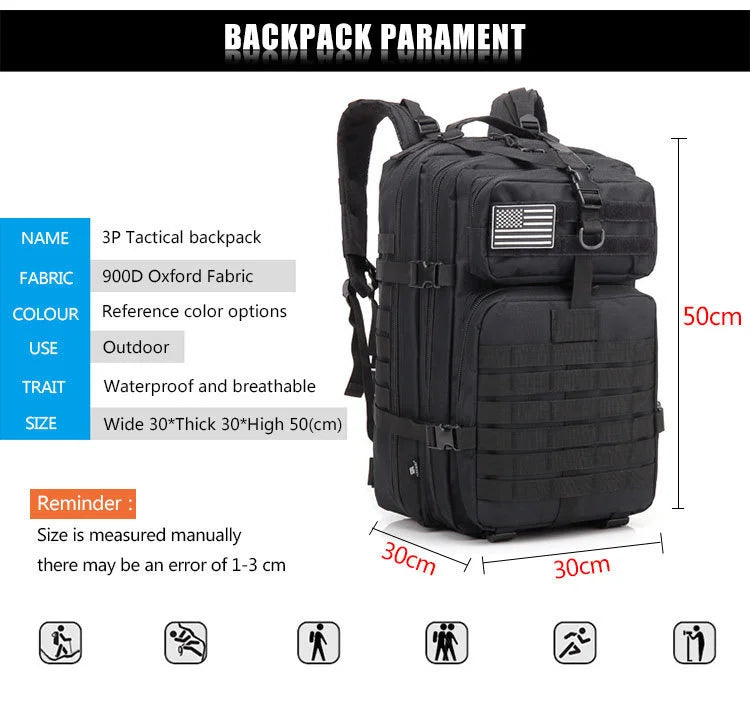 QT&QY 50L Man Tactical Backpacks Survival Traveling Bags Hking Outdoor 3P Assault Pack EDC Molle Pack For Trekking Hunting Bag