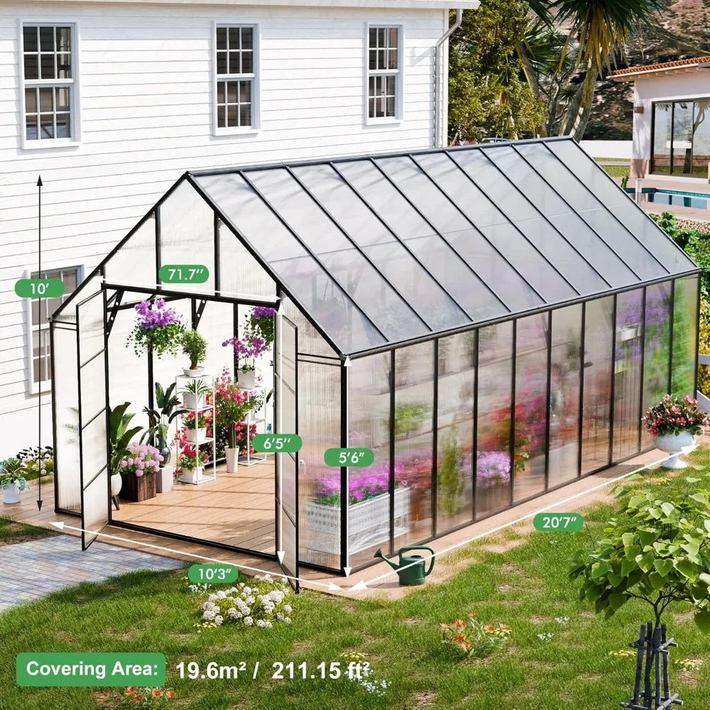 20x10x10 FT Greenhouse, Thicker Aluminum Heavy Duty Polycarbonate Greenhouse Kit W/4 Vent Window, Walk-in Green House