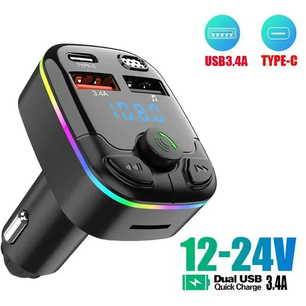 Car FM Transmitter PD Type-C Dual USB Ambient Player MP3 Bluetooth 5.0 Fast Charger Type-C Wireless Light Handsfree PD