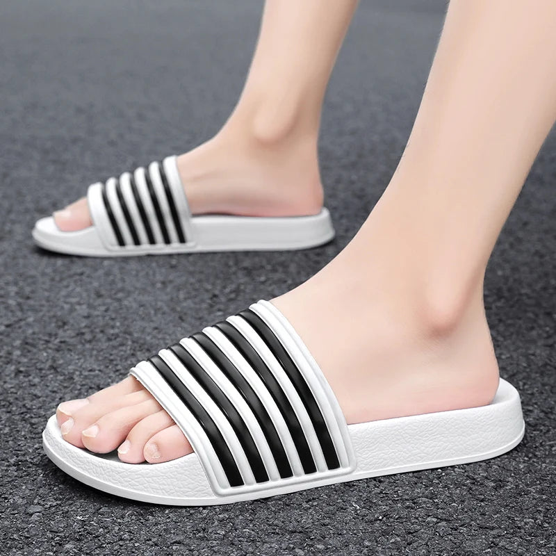 Men Shoes Women Slippers Stripes Pool Slides Summer Men Slippers Couple Beach Plus Size Sandals 46 48 Non-slip Shoes Home Slides