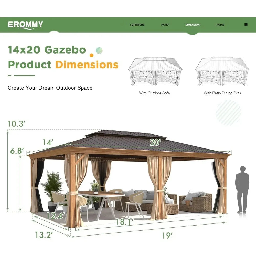 14' X 20' Hardtop Gazebo, Outdoor Permanent Metal Pavilion with Curtains and Nettings for Patio, Backyard and Deck Gazebo