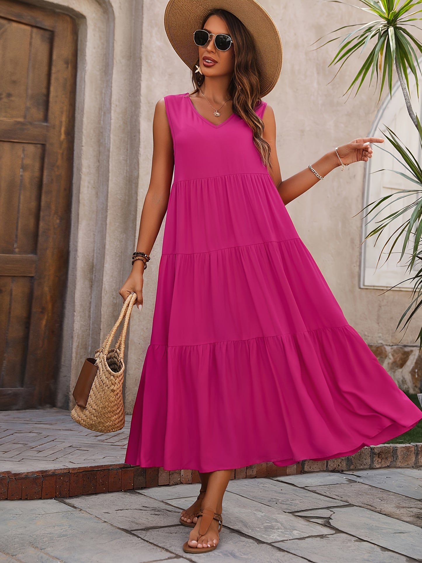 Loose V Neck Ruffle Hem Dress, Casual Sleeveless Dress For Spring & Summer, Women's Clothing