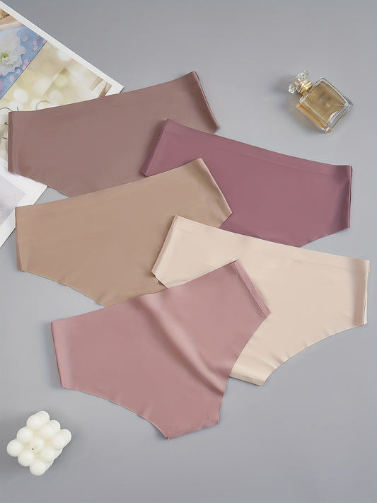 5pcs Seamless Women's Briefs - Soft, Comfortable Nylon Blend Underwear in Assorted Shades of Brown and Purple, Low-Rise, Stretch Fit, Non-See-Through, Comfortable Lingerie|Minimalist Style|Stretchy Nylon Blend