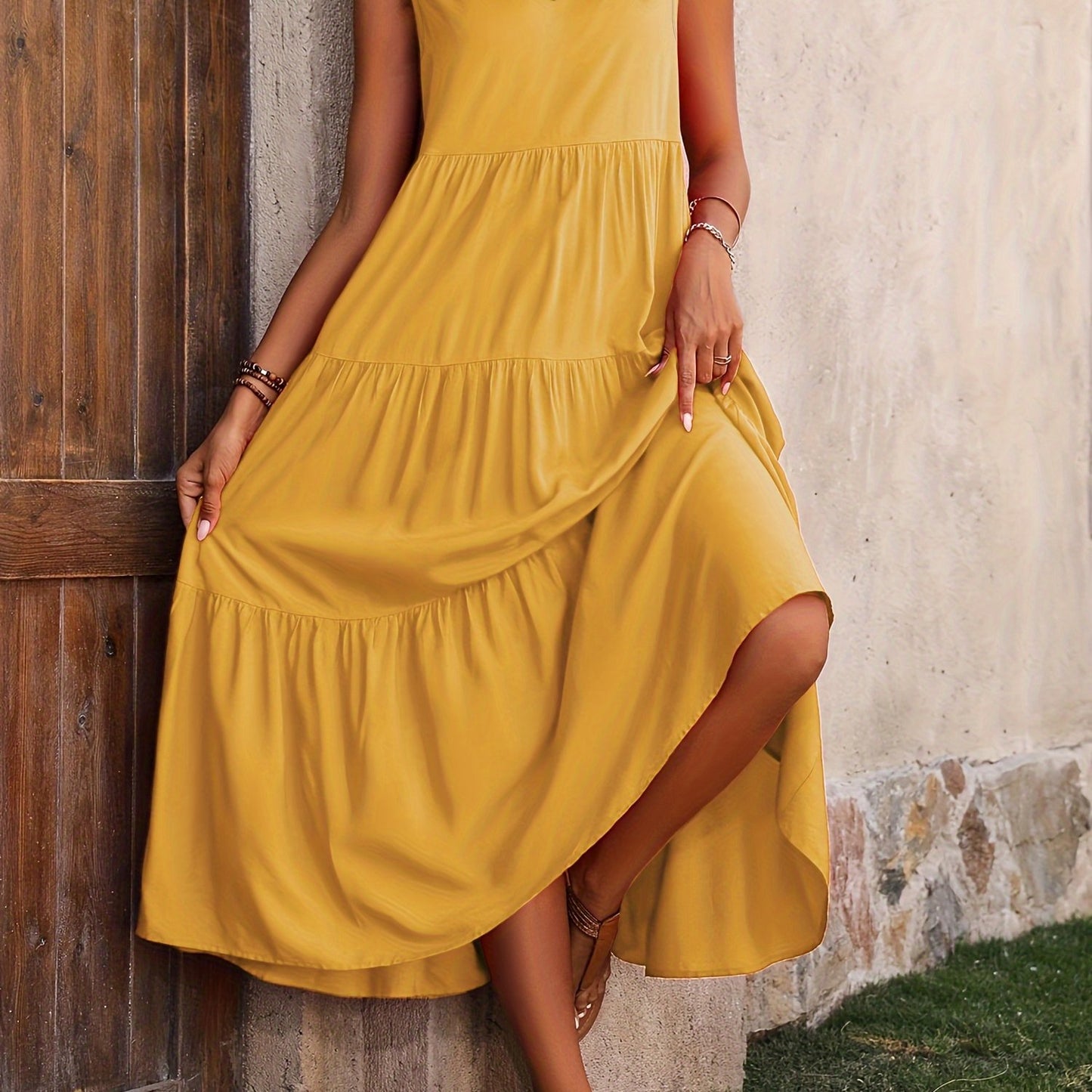 Loose V Neck Ruffle Hem Dress, Casual Sleeveless Dress For Spring & Summer, Women's Clothing
