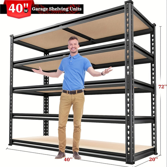 Heavy Duty 5-Tier Metal Garage Shelving Unit, 40"W x 72"H x 20"D, Adjustable Storage Shelves with Rolled Edge Design, 2500LBS Capacity, Easy Assembly for Garage, Pantry, Closet, or Office, Garage Accessories
