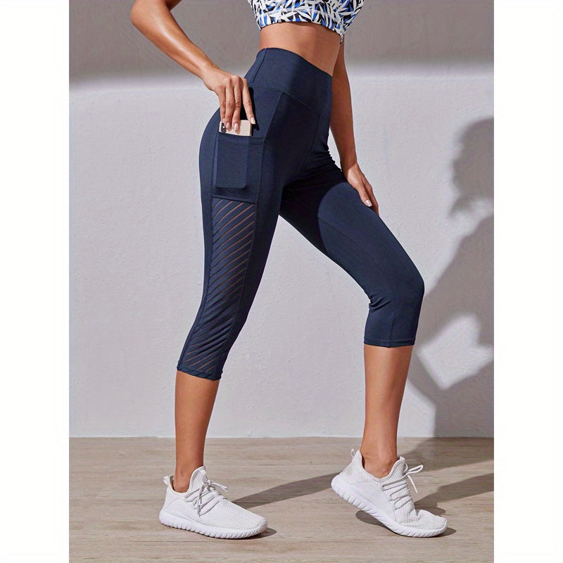 Wide Waistband Tummy Control Hip Lifting Sports Capri Pants, High Waist Stitching Mesh Capri Leggings - Nylon & Spandex Blend - For Women - Perfect for Yoga, Running & Fitness - Ideal Gift for Active Women