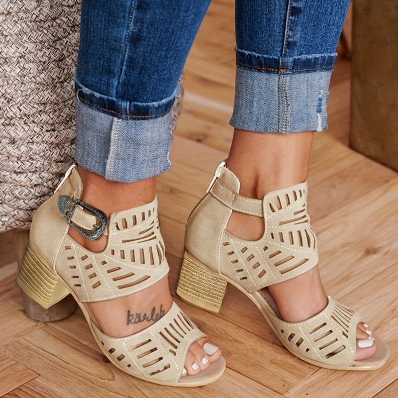 Women's Hollow Out High Heels, Fashion Peep Toe Buckle Strap Block Heels, Back Zipper Design Sandals