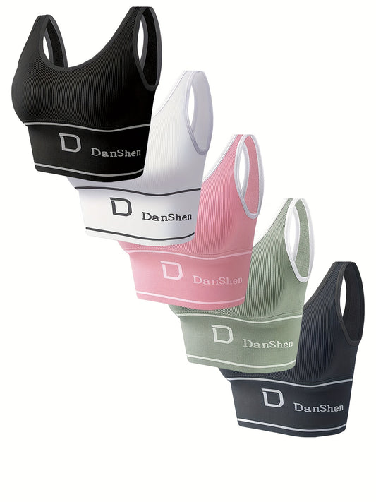 5pcs DanSheer Sports Bras - Wireless, Full Coverage, High Elasticity for Yoga & Running, Breathable Nylon Blend, Machine Washable, Assorted Colors with Stylish "DANSHEER" Print, Workout Bra